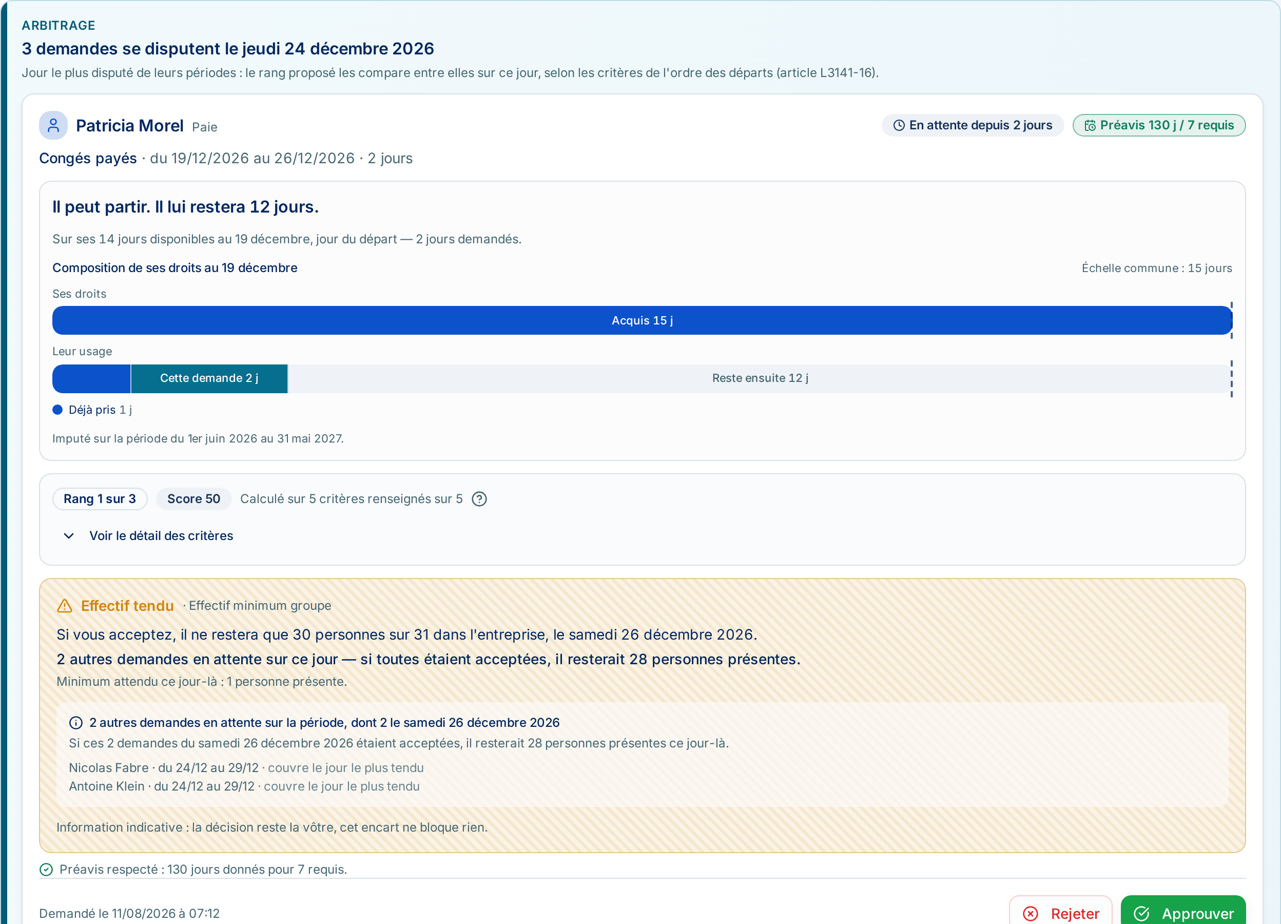 Arbitrage de trois demandes concurrentes sur le 24 décembre, classées selon les critères d'ordre des départs.